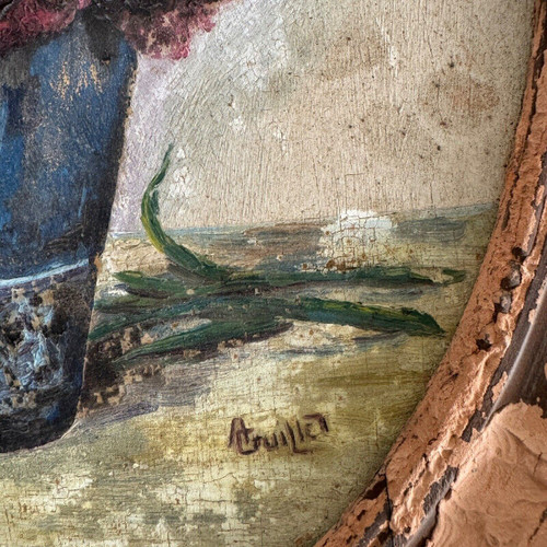 Olio su tavola di A. Cruillet Natura morta mazzo di fiori 1920
