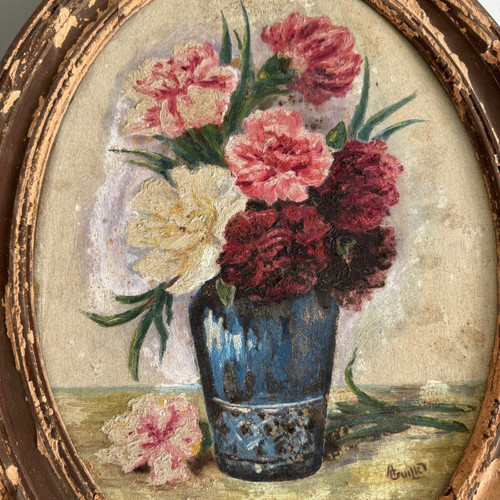 Olio su tavola di A. Cruillet Natura morta mazzo di fiori 1920