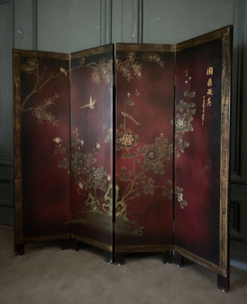 Paravento cinese in lacca, 4 pannelli, decorazioni naturalistiche, inizio XX secolo