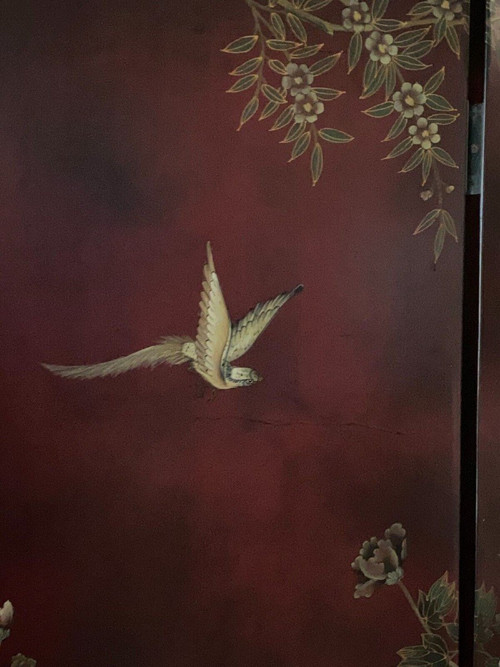 Paravento cinese in lacca, 4 pannelli, decorazioni naturalistiche, inizio XX secolo