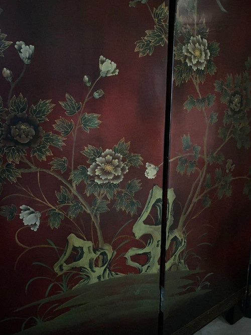 Paravento cinese in lacca, 4 pannelli, decorazioni naturalistiche, inizio XX secolo