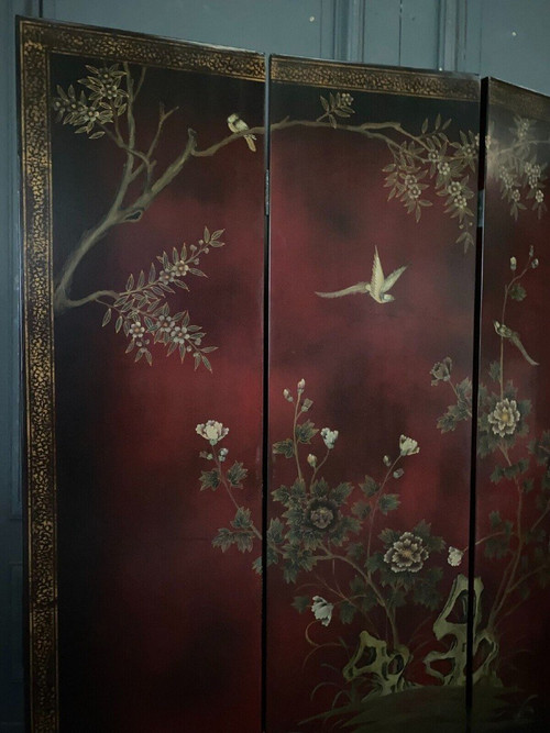 Paravento cinese in lacca, 4 pannelli, decorazioni naturalistiche, inizio XX secolo