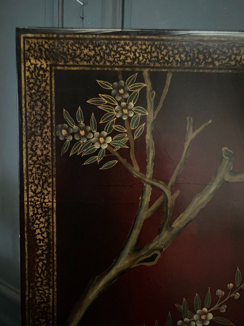 Paravento cinese in lacca, 4 pannelli, decorazioni naturalistiche, inizio XX secolo