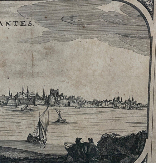 Gravure représentant le port de Nantes XVIIIe cadre en pitchpin