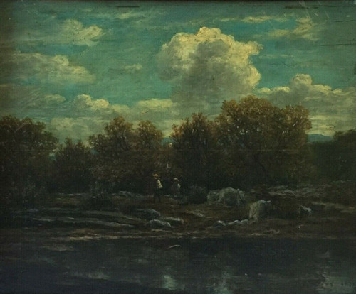 Öl auf Holzplatte von Chevalier 1878 Bühne Barbizon Holzrahmen