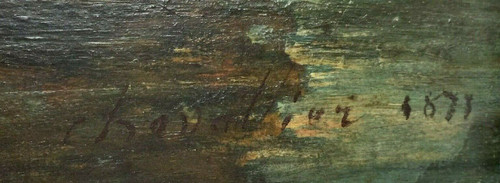 Öl auf Holzplatte von Chevalier 1878 Bühne Barbizon Holzrahmen