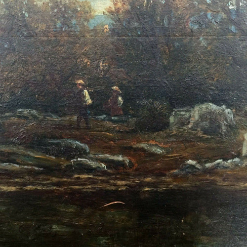 Öl auf Holzplatte von Chevalier 1878 Bühne Barbizon Holzrahmen