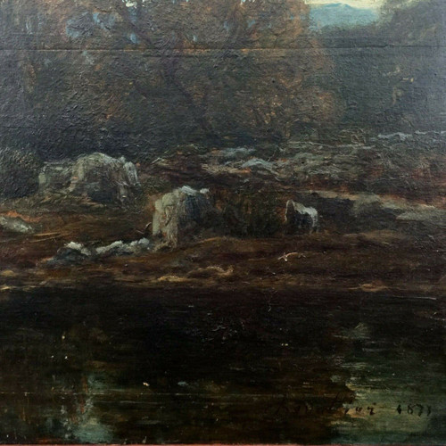 Öl auf Holzplatte von Chevalier 1878 Bühne Barbizon Holzrahmen