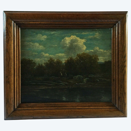 Öl auf Holzplatte von Chevalier 1878 Bühne Barbizon Holzrahmen