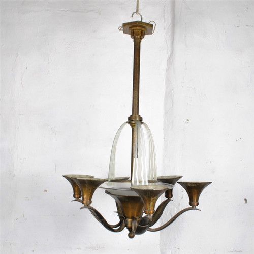 Lustre En Bronze Et Verre, Art Déco, XXème Siècle