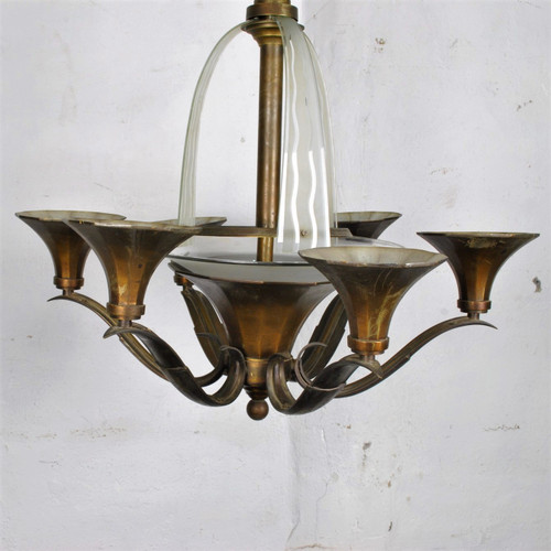 Lustre En Bronze Et Verre, Art Déco, XXème Siècle