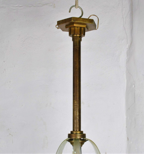 Lustre En Bronze Et Verre, Art Déco, XXème Siècle