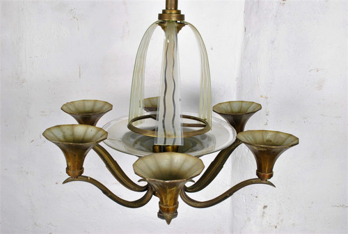 Lustre En Bronze Et Verre, Art Déco, XXème Siècle