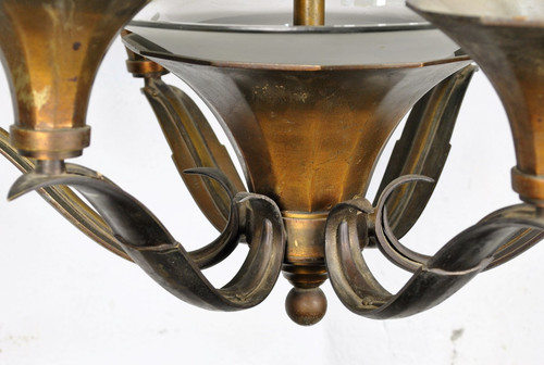 Lustre En Bronze Et Verre, Art Déco, XXème Siècle