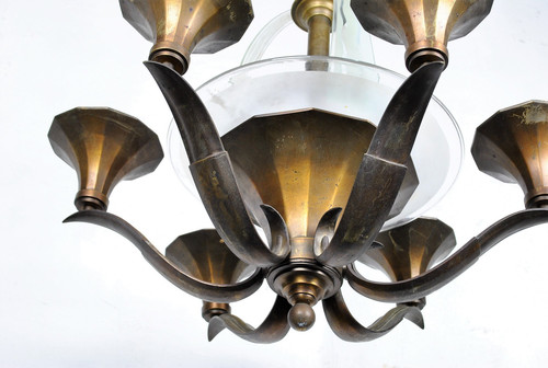 Lustre En Bronze Et Verre, Art Déco, XXème Siècle