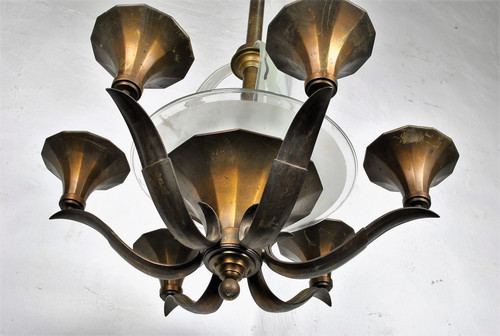 Lustre En Bronze Et Verre, Art Déco, XXème Siècle