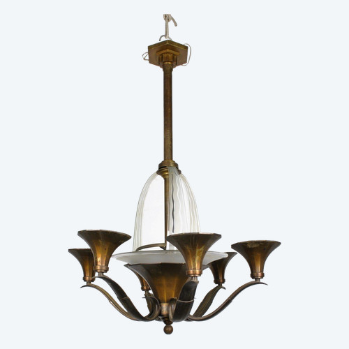 Lustre En Bronze Et Verre, Art Déco, XXème Siècle