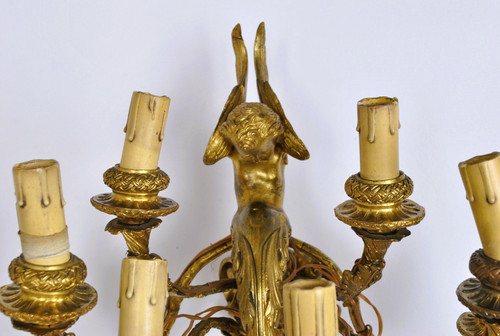 Coppia di appliques in bronzo dorato con putti alati, Napoleone III, XIX secolo