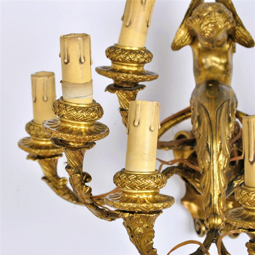 Coppia di appliques in bronzo dorato con putti alati, Napoleone III, XIX secolo