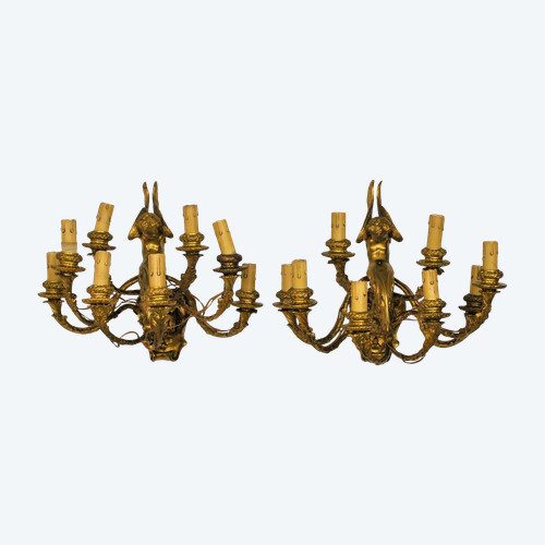 Coppia di appliques in bronzo dorato con putti alati, Napoleone III, XIX secolo