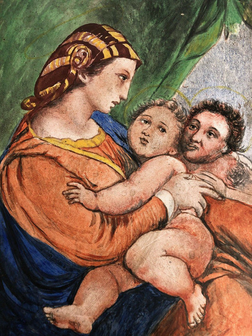 Peinture sur carreau Vierge Madone d'après Raphaël XIXe 21 Martin Brey