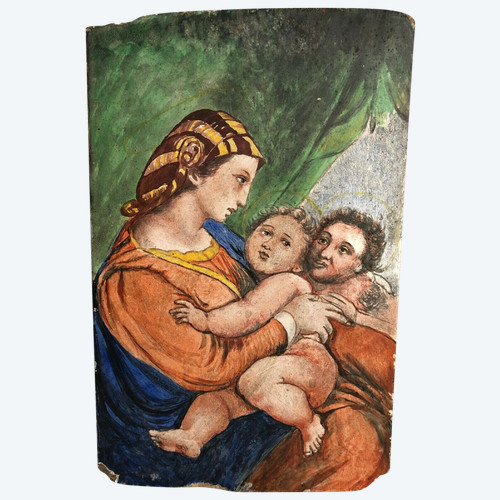 Peinture sur carreau Vierge Madone d'après Raphaël XIXe 21 Martin Brey