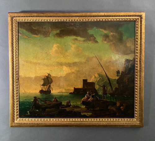 Huile sur panneau scène de port suiveur de Delacroix Marseille XIXe