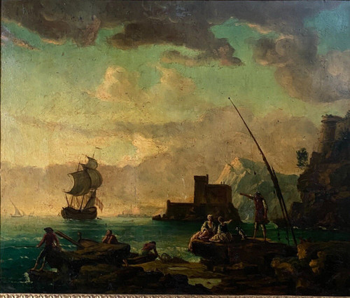 Huile sur panneau scène de port suiveur de Delacroix Marseille XIXe