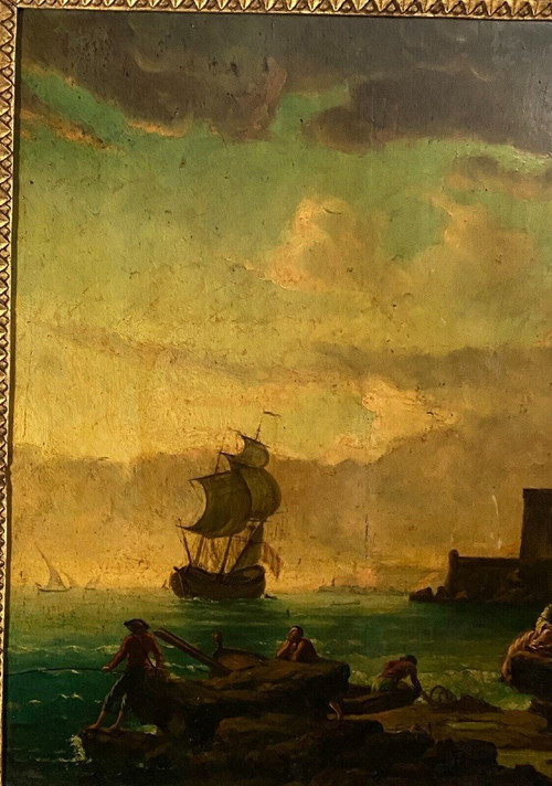 Huile sur panneau scène de port suiveur de Delacroix Marseille XIXe