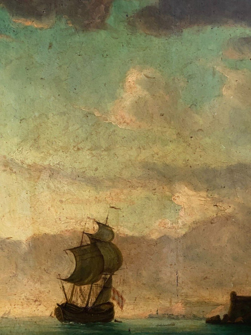 Huile sur panneau scène de port suiveur de Delacroix Marseille XIXe
