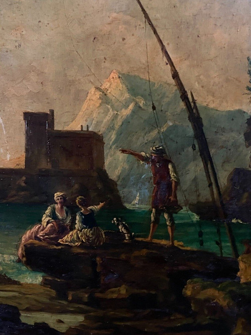 Huile sur panneau scène de port suiveur de Delacroix Marseille XIXe