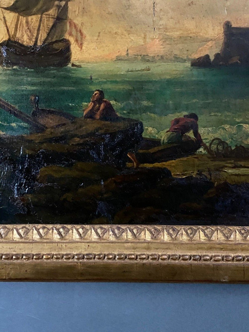 Huile sur panneau scène de port suiveur de Delacroix Marseille XIXe
