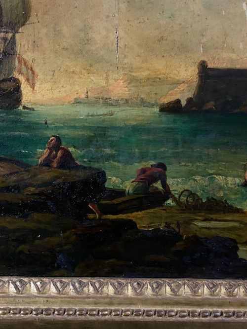 Huile sur panneau scène de port suiveur de Delacroix Marseille XIXe