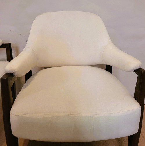 Pair De Fauteuils En Bois Dossier Corbeille, Années 50/60, XXème Siècle