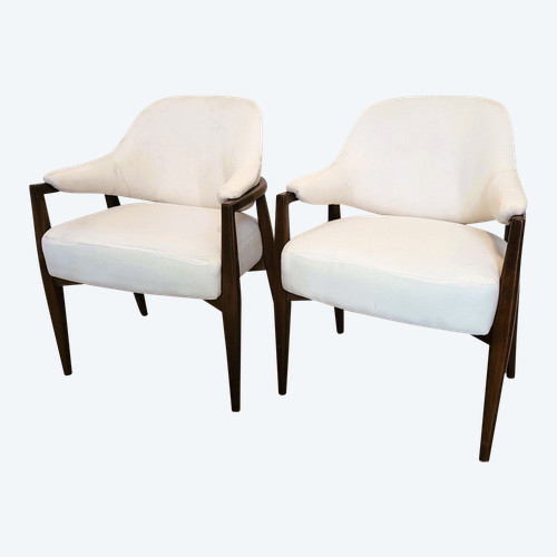Pair De Fauteuils En Bois Dossier Corbeille, Années 50/60, XXème Siècle