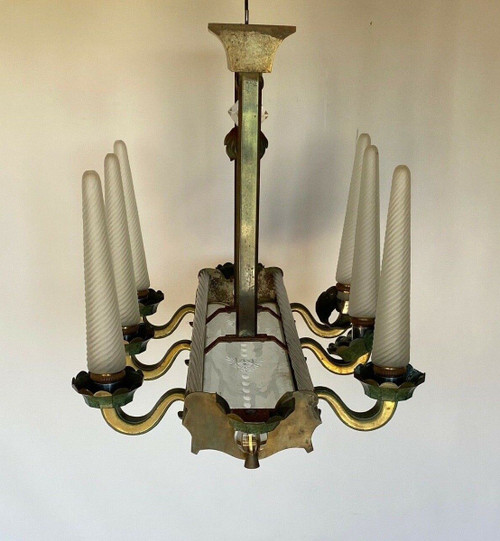 Lampadario a 6 luci in metallo e vetro del 1940 con asta in vetro smerigliato