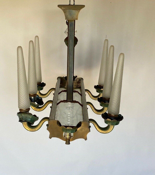 Lampadario a 6 luci in metallo e vetro del 1940 con asta in vetro smerigliato