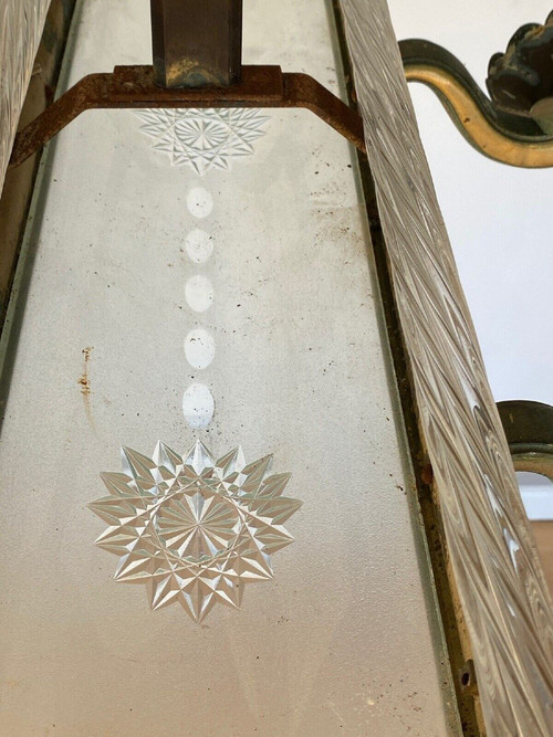 Lampadario a 6 luci in metallo e vetro del 1940 con asta in vetro smerigliato
