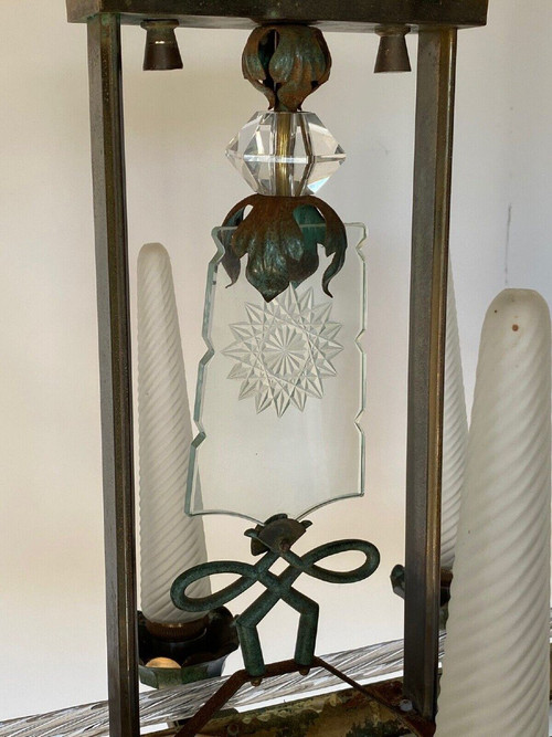 Lampadario a 6 luci in metallo e vetro del 1940 con asta in vetro smerigliato