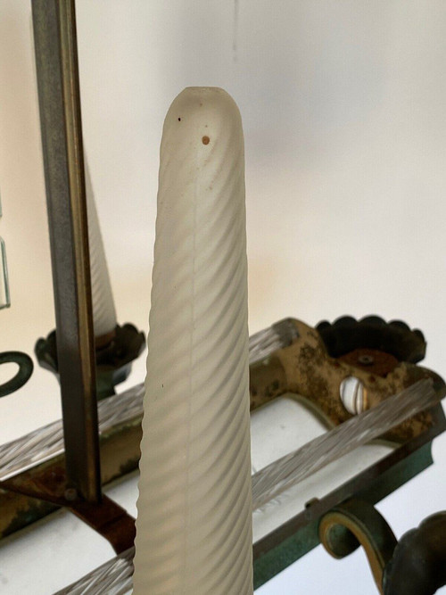 Lampadario a 6 luci in metallo e vetro del 1940 con asta in vetro smerigliato