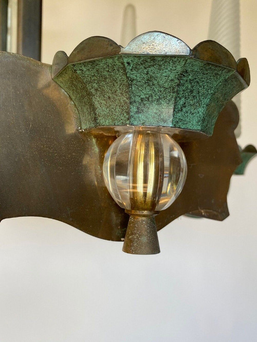 Lampadario a 6 luci in metallo e vetro del 1940 con asta in vetro smerigliato