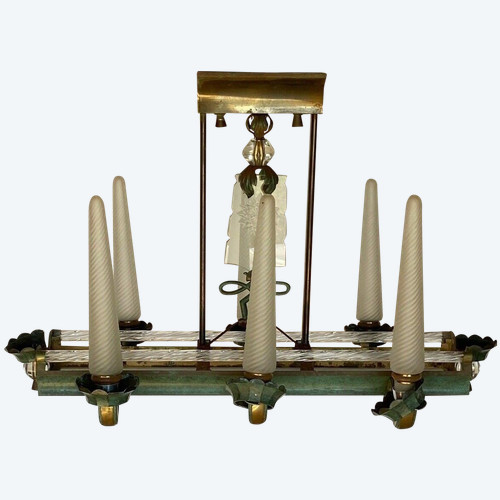 Lampadario a 6 luci in metallo e vetro del 1940 con asta in vetro smerigliato