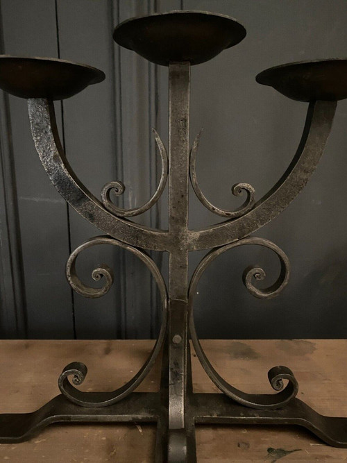 Pair of neo-gothic ironwork candlesticks with 3 lights, 1940