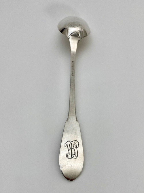 Solid silver stew spoon 18th century monogram and hallmarks 233 grams