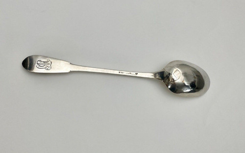 Solid silver stew spoon 18th century monogram and hallmarks 233 grams