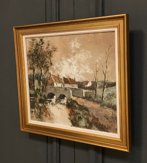Huile sur toile chaumières au bord de l'eau par Claude Mourier 1980