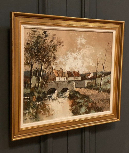 Huile sur toile chaumières au bord de l'eau par Claude Mourier 1980