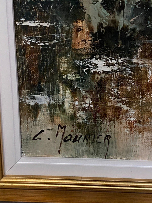 Huile sur toile chaumières au bord de l'eau par Claude Mourier 1980