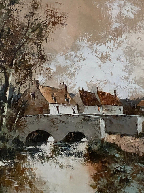 Huile sur toile chaumières au bord de l'eau par Claude Mourier 1980
