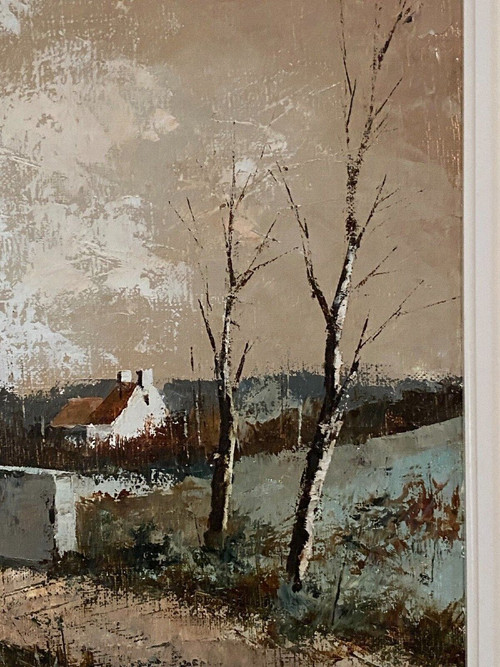 Huile sur toile chaumières au bord de l'eau par Claude Mourier 1980
